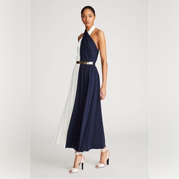 Halston Elegant Navy and White Women's Dress with Gold Belt | 6 - Picture 4 of 9